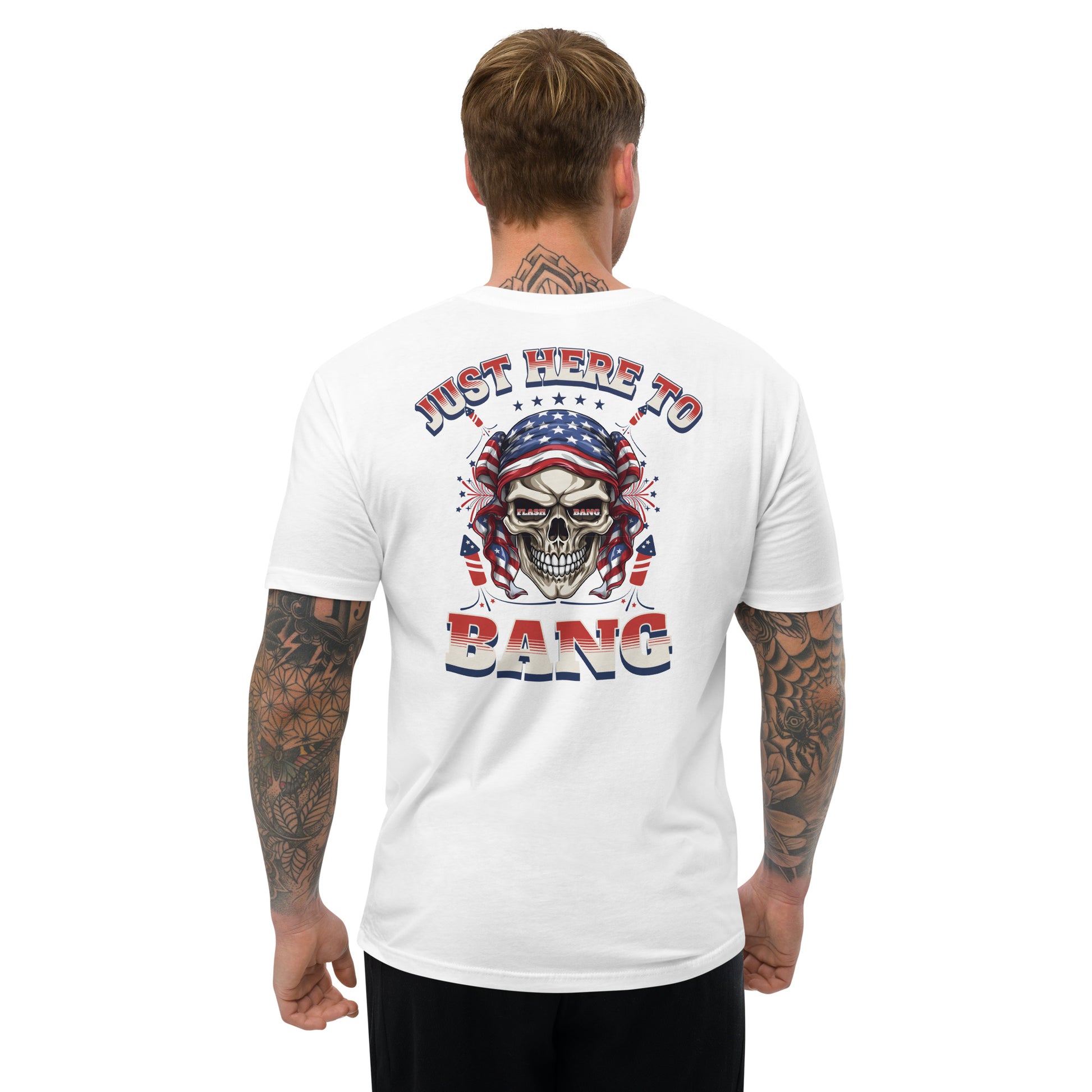 Man wearing a white t-shirt with a graphic design and text on the back, on a white background
