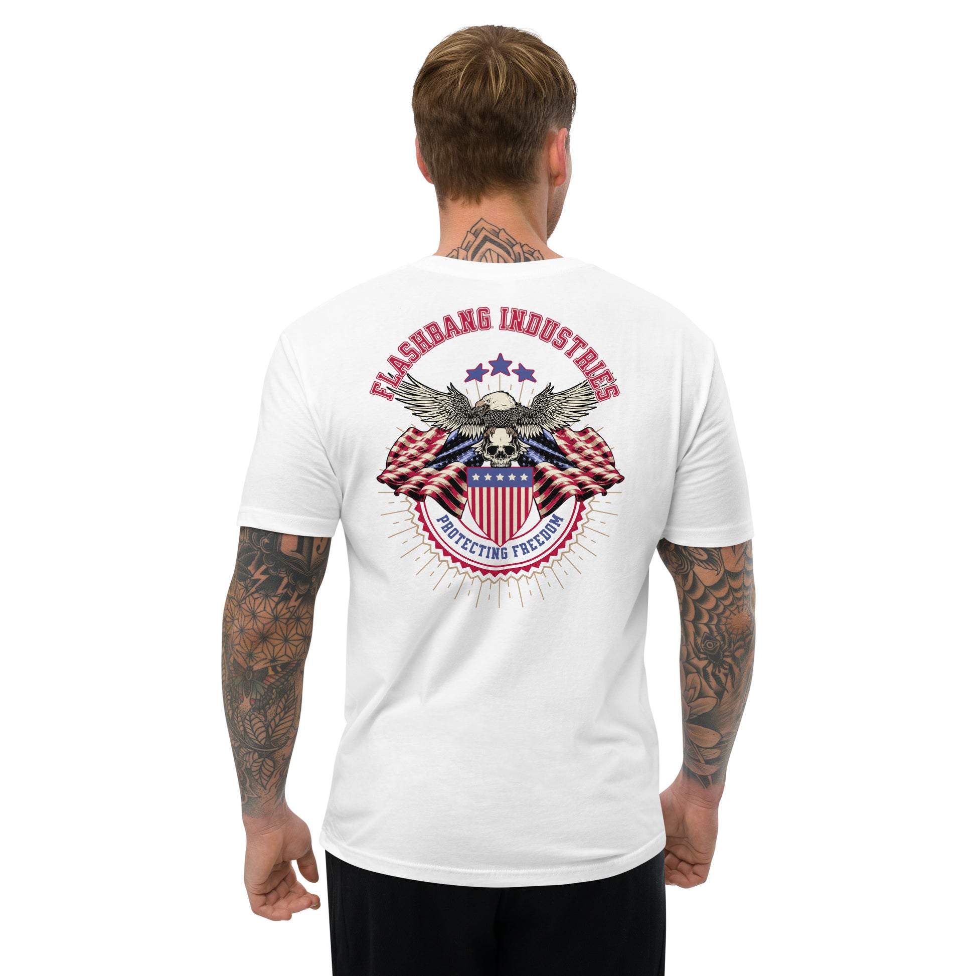 Man wearing a white t-shirt with a patriotic design and text on the back.