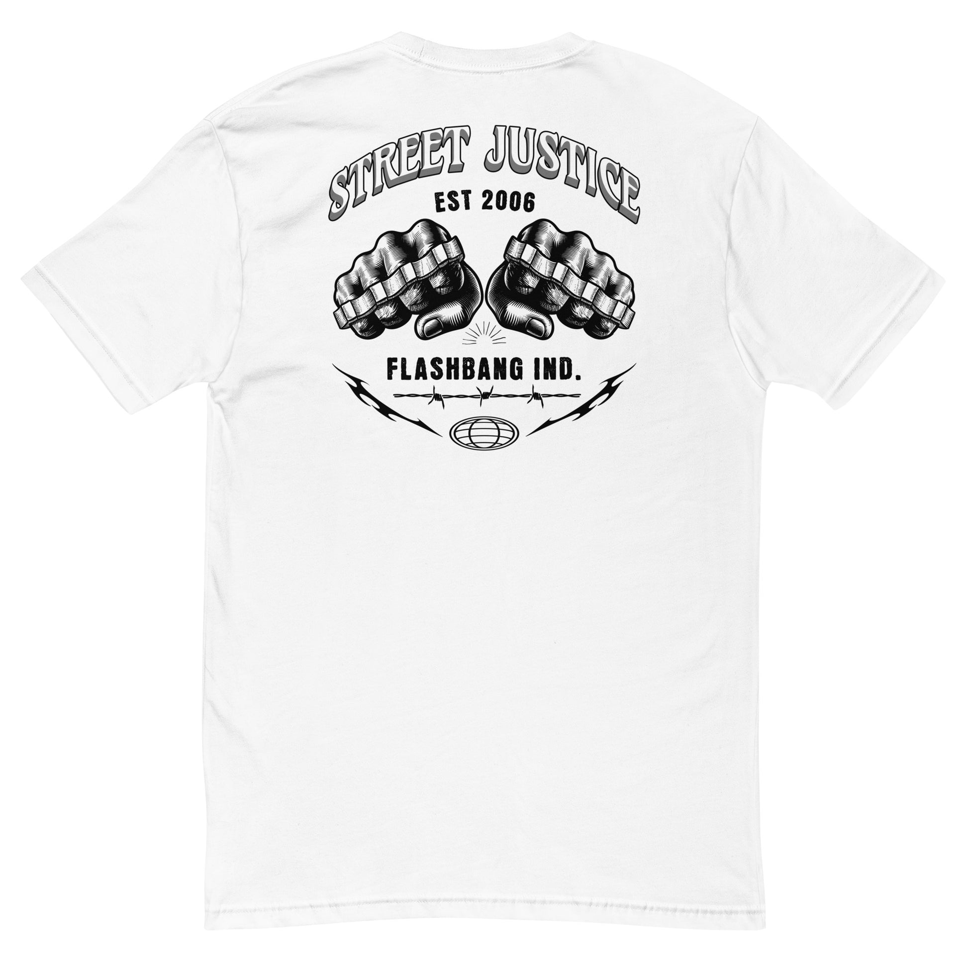White t-shirt with black graphic design on the back featuring fists and text.