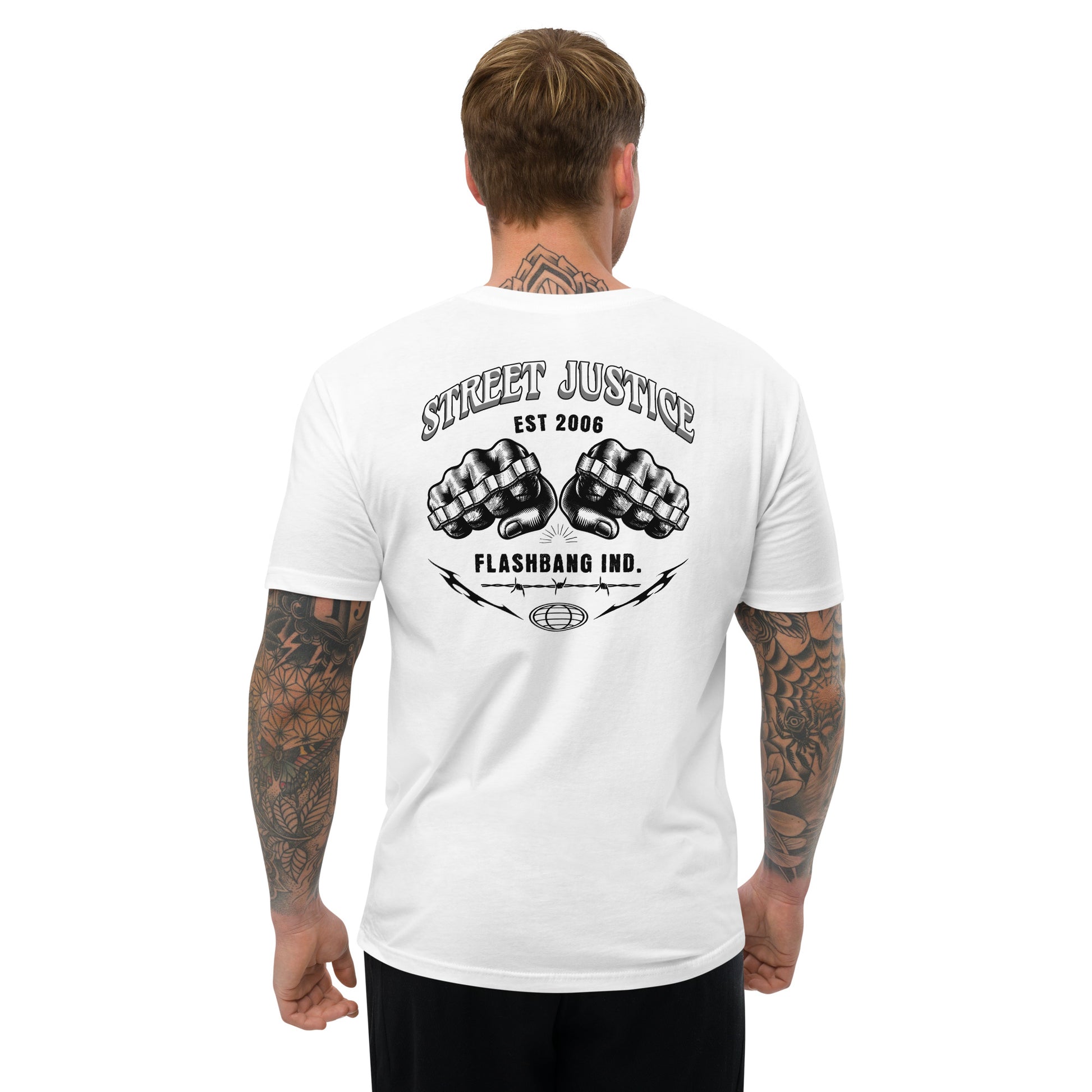 Man wearing a white t-shirt with 'Street Justice' design on the back, on a white background