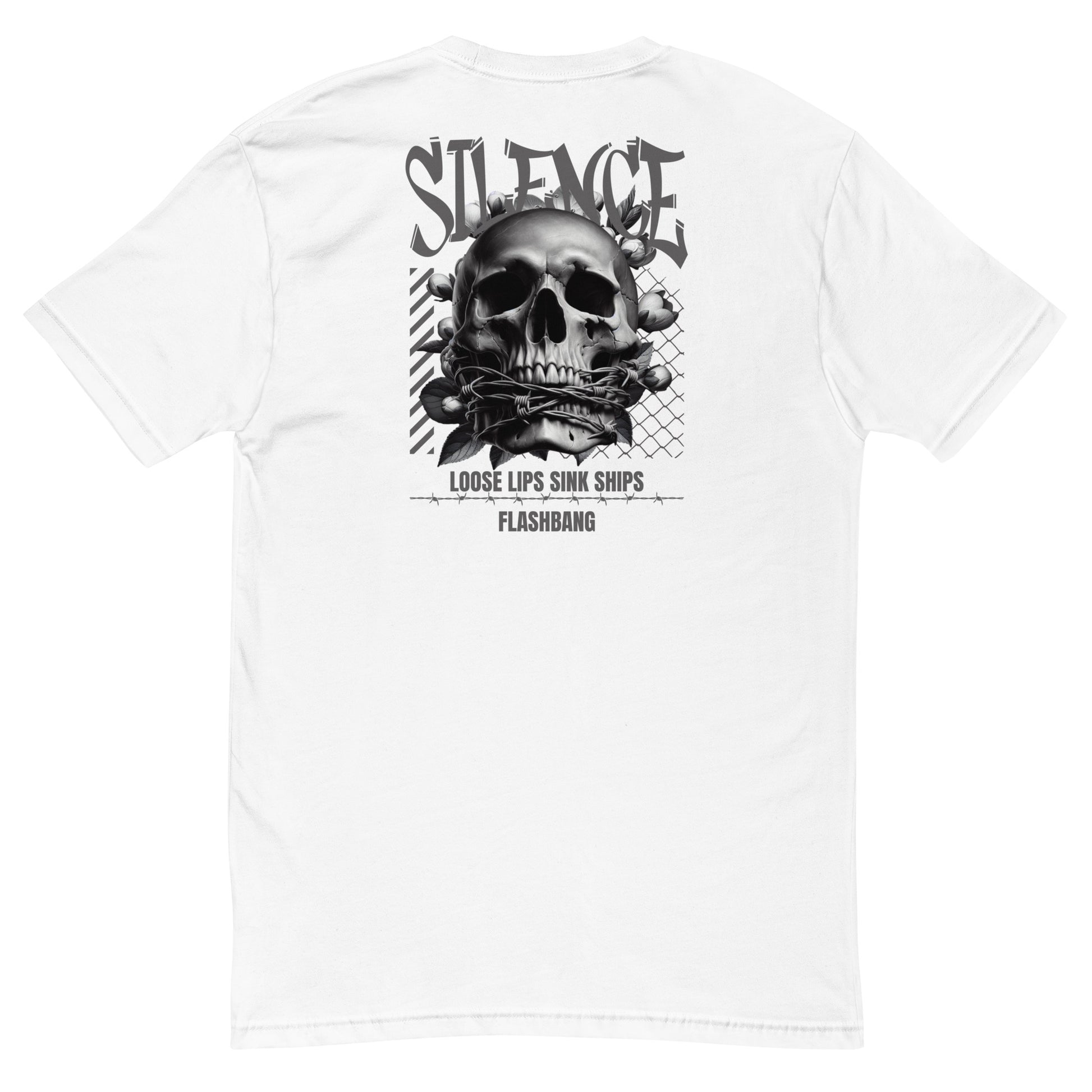 White t-shirt with a graphic design of a skull and text on the back, on a white background.