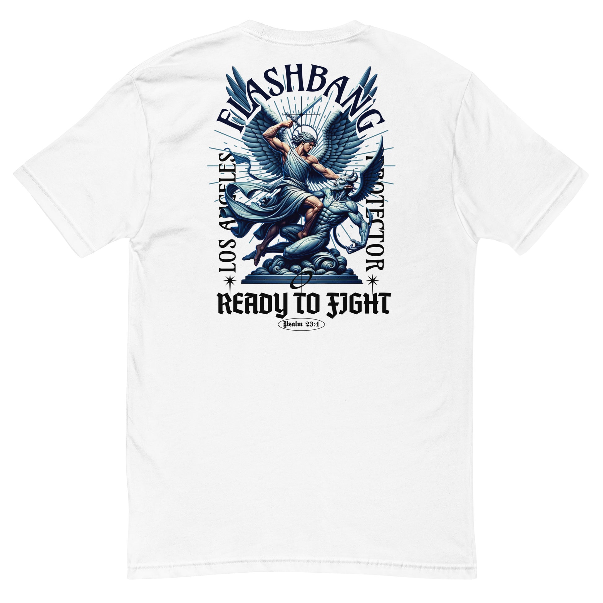 White t-shirt with graphic design and text on the back