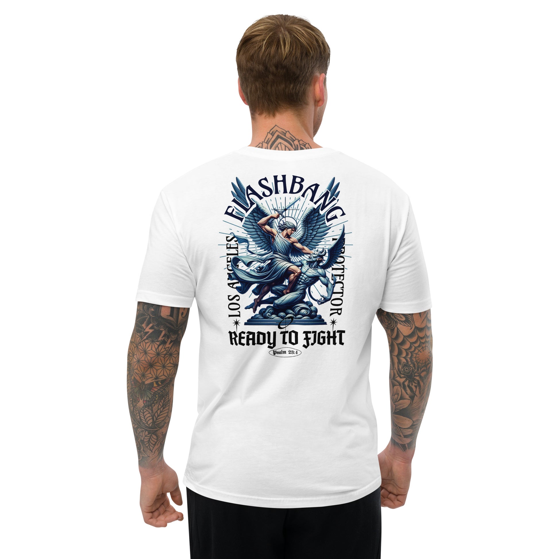 Man wearing a white t-shirt with a graphic design on the back, standing against a white background.