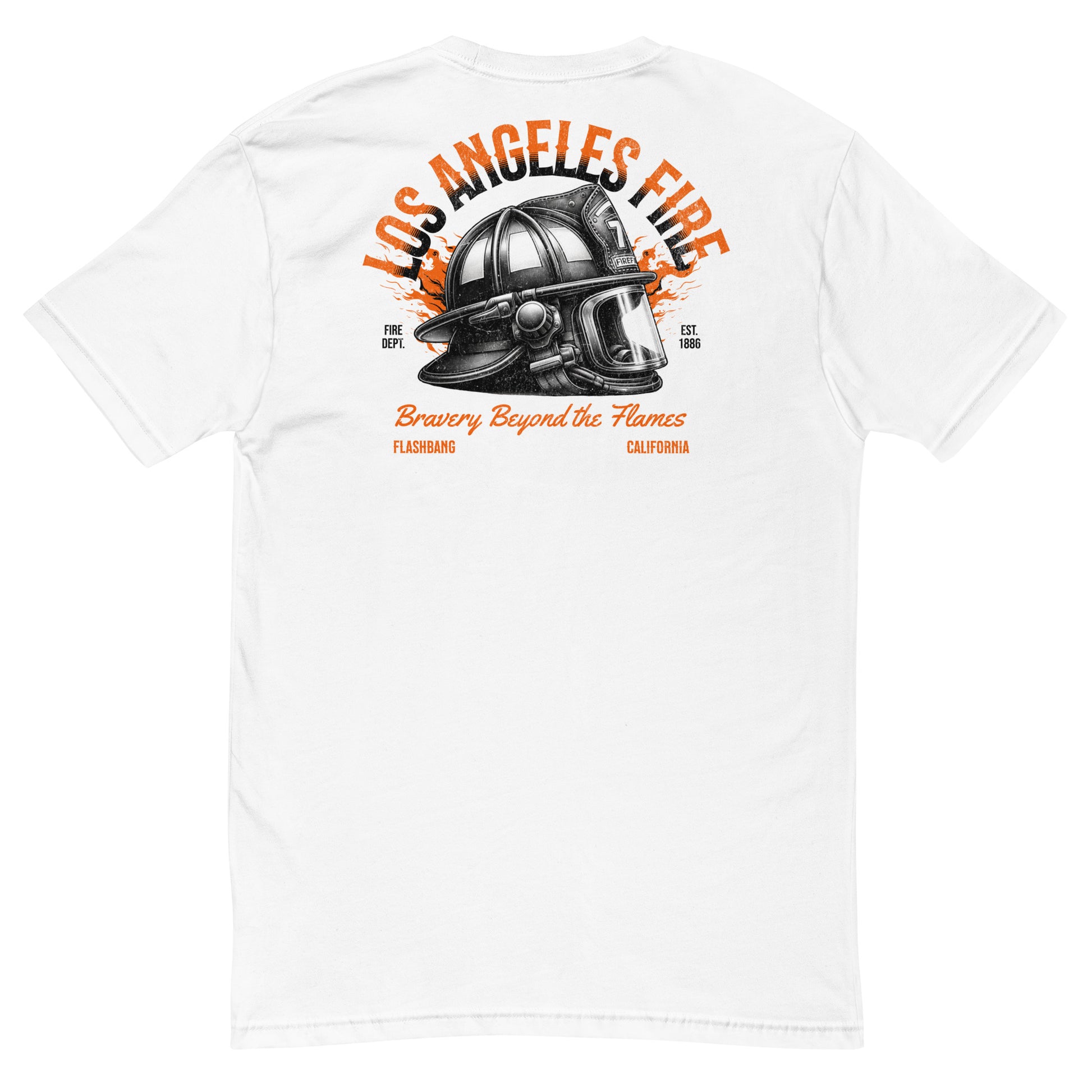 White t-shirt with a graphic of a fire helmet and text on the back, displayed on a white background.