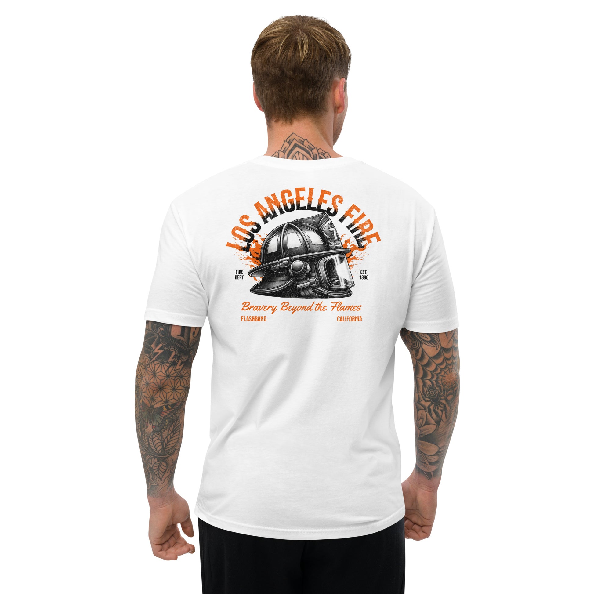 Person wearing a white t-shirt with 'Los Angeles Fire' design on the back, on a white background