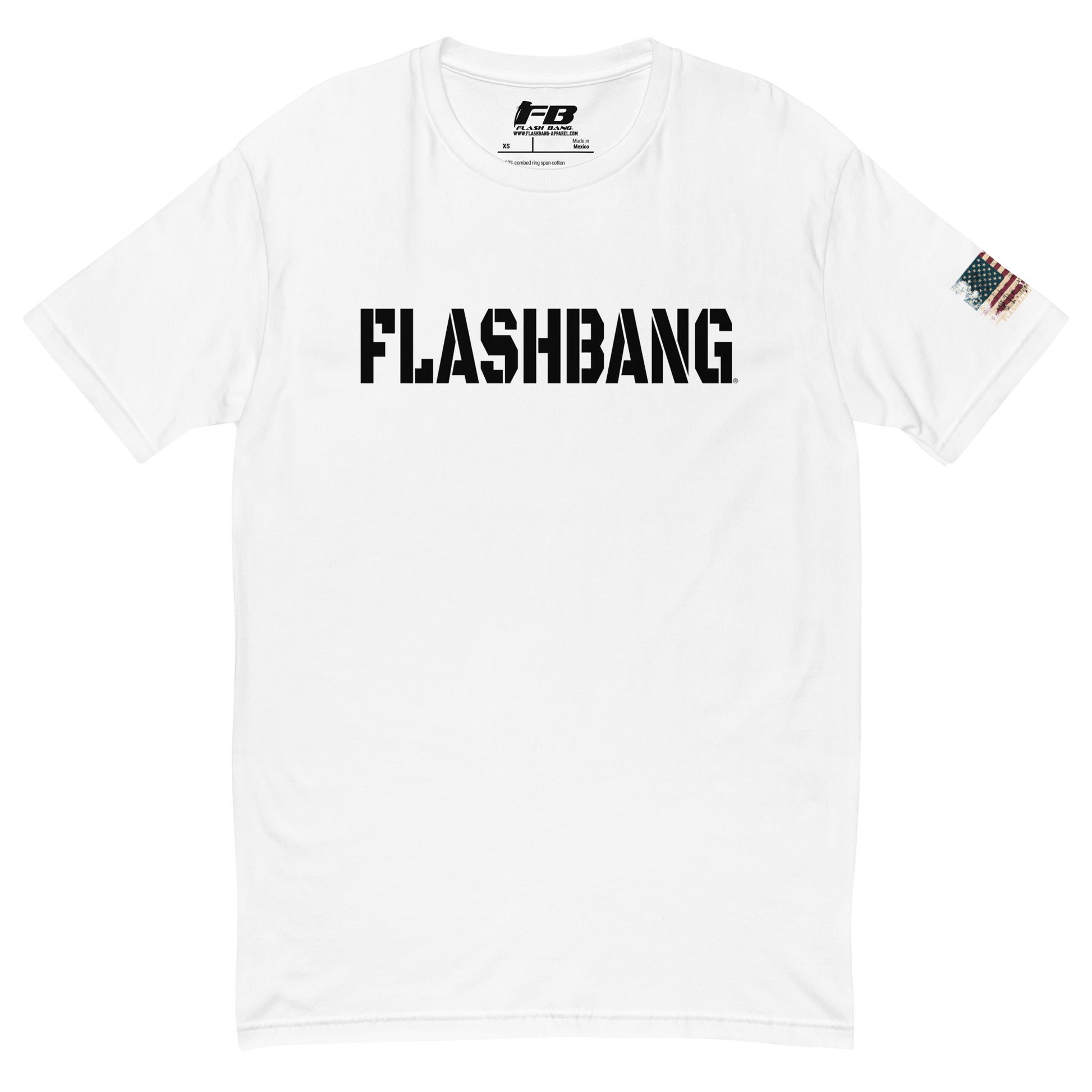 Flashbang Black Logo T-shirt featuring American flag graphic - Front View - White with Flashbang Text