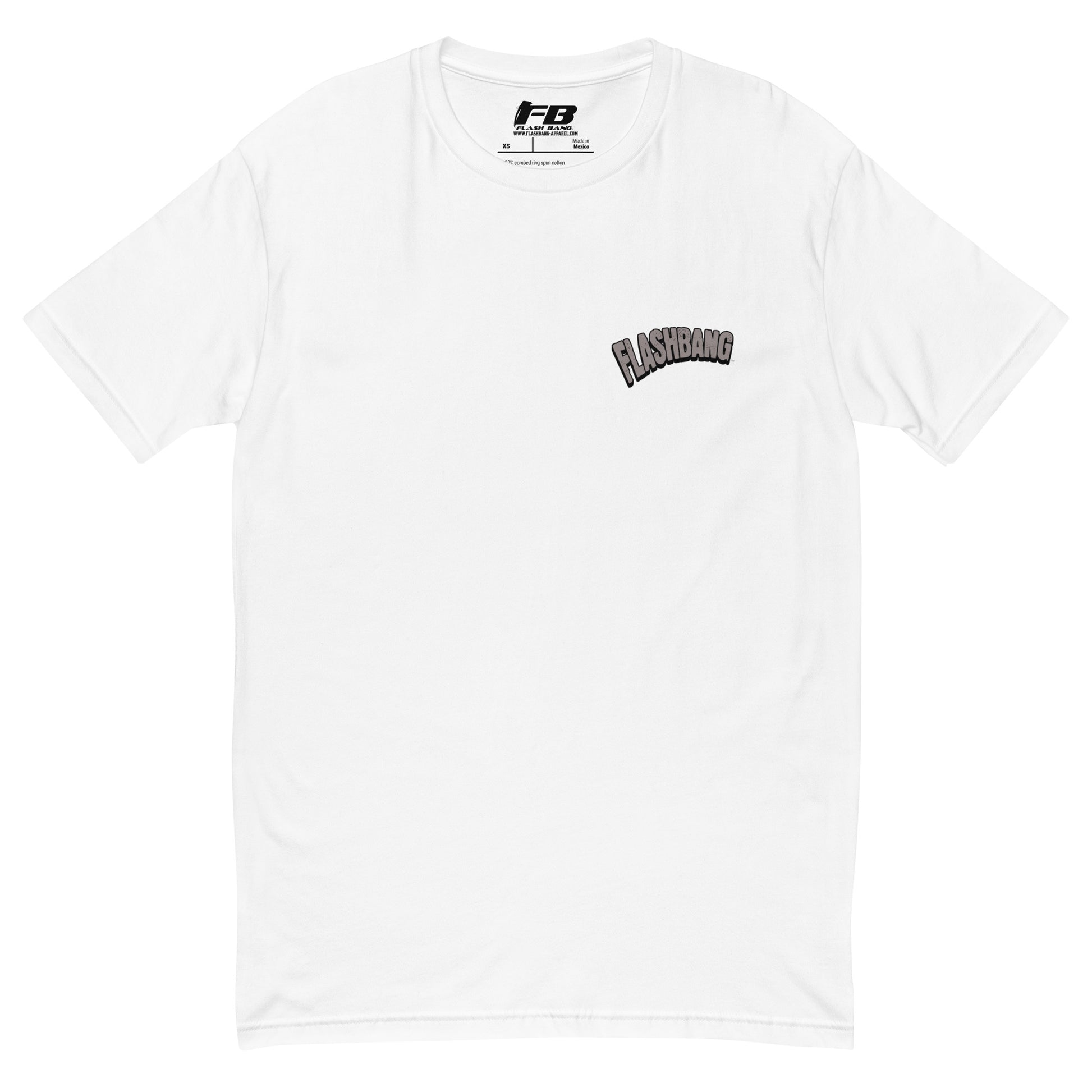 Caveman T-shirt - Front  View - White with Flashbang Text