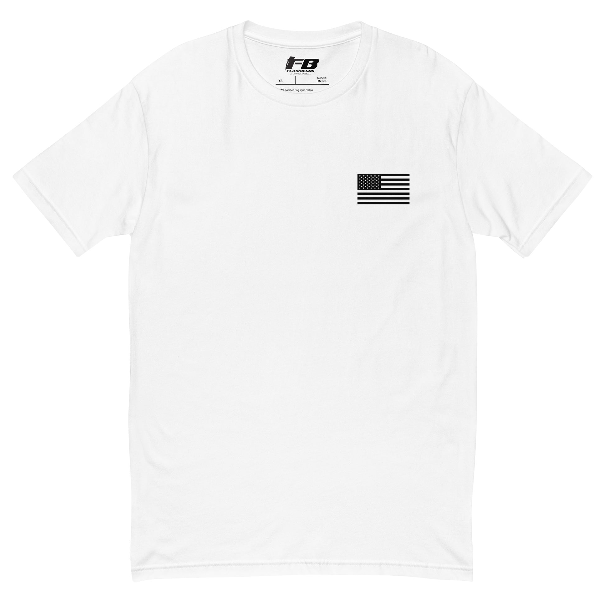 White t-shirt with black American flag design on a white background