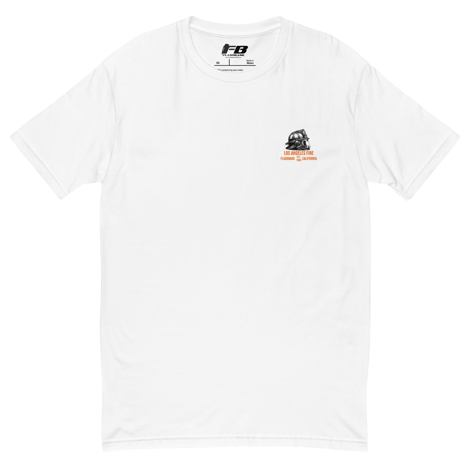 White t-shirt with a small logo on the chest against a white background