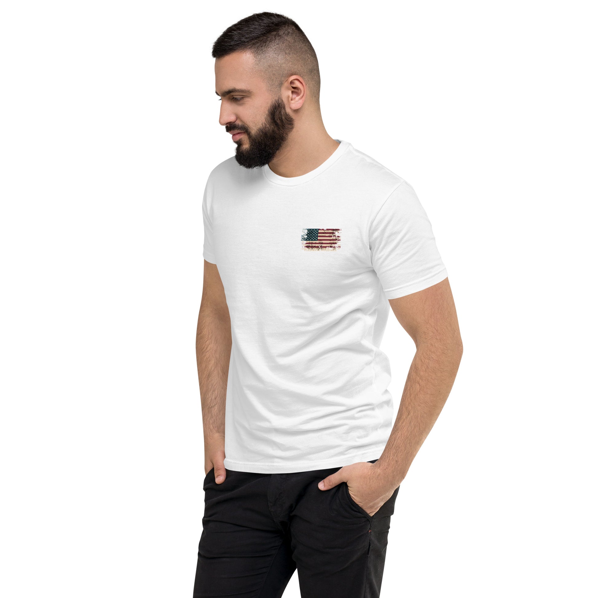 US Army T-shirt with USA flag and skull design. Operator T-shirt for men - Front View - White - Model Guy