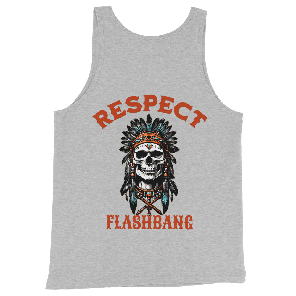 Gray tank top with a skull and headdress design and 'Respect Flashbang' text on a white background