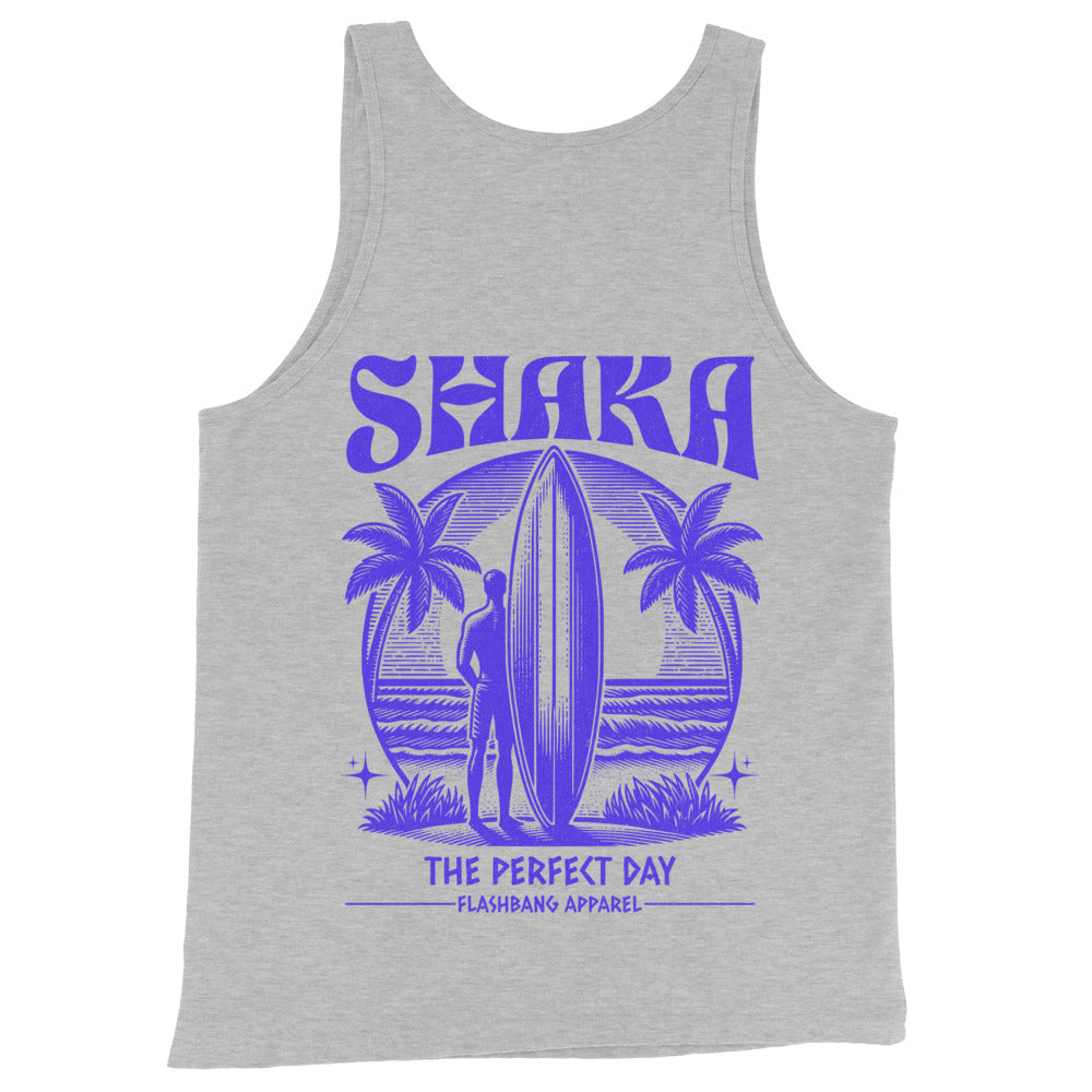Gray tank top with purple 'Shaka' graphic design featuring a surfer and palm trees.