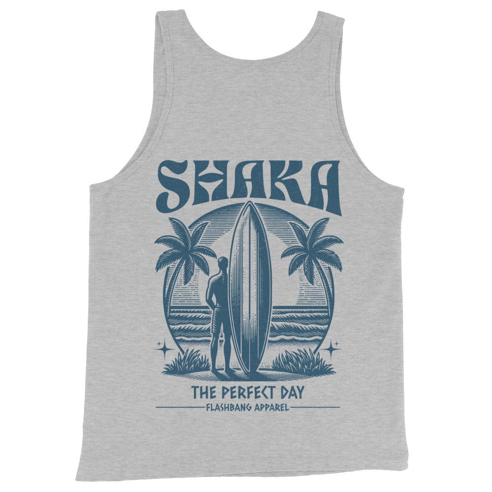 Gray tank top with blue graphic design featuring a surfer, palm trees, and the text 'Shaka The Perfect Day' on a white background.