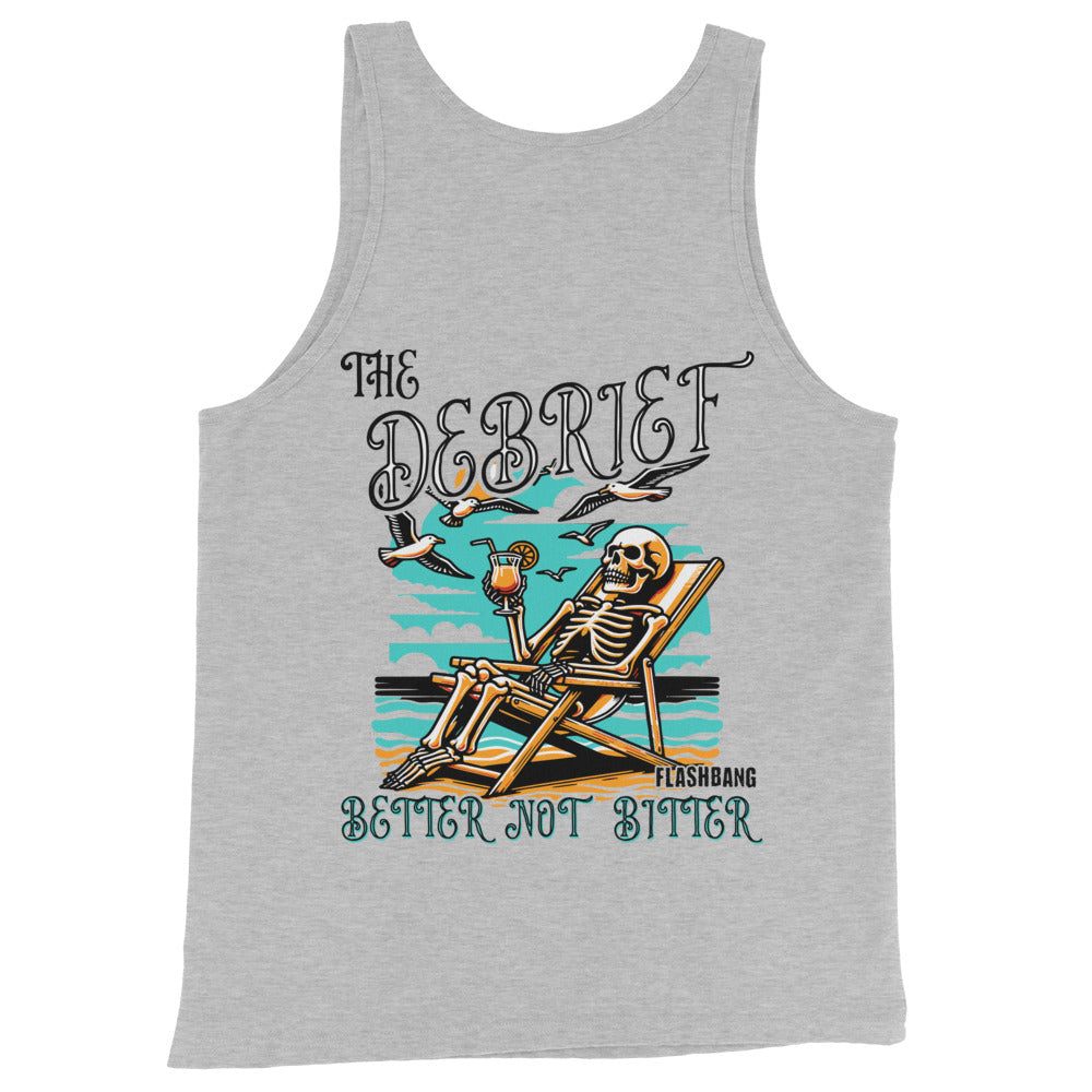 Gray tank top with a skeleton design and text on a white background