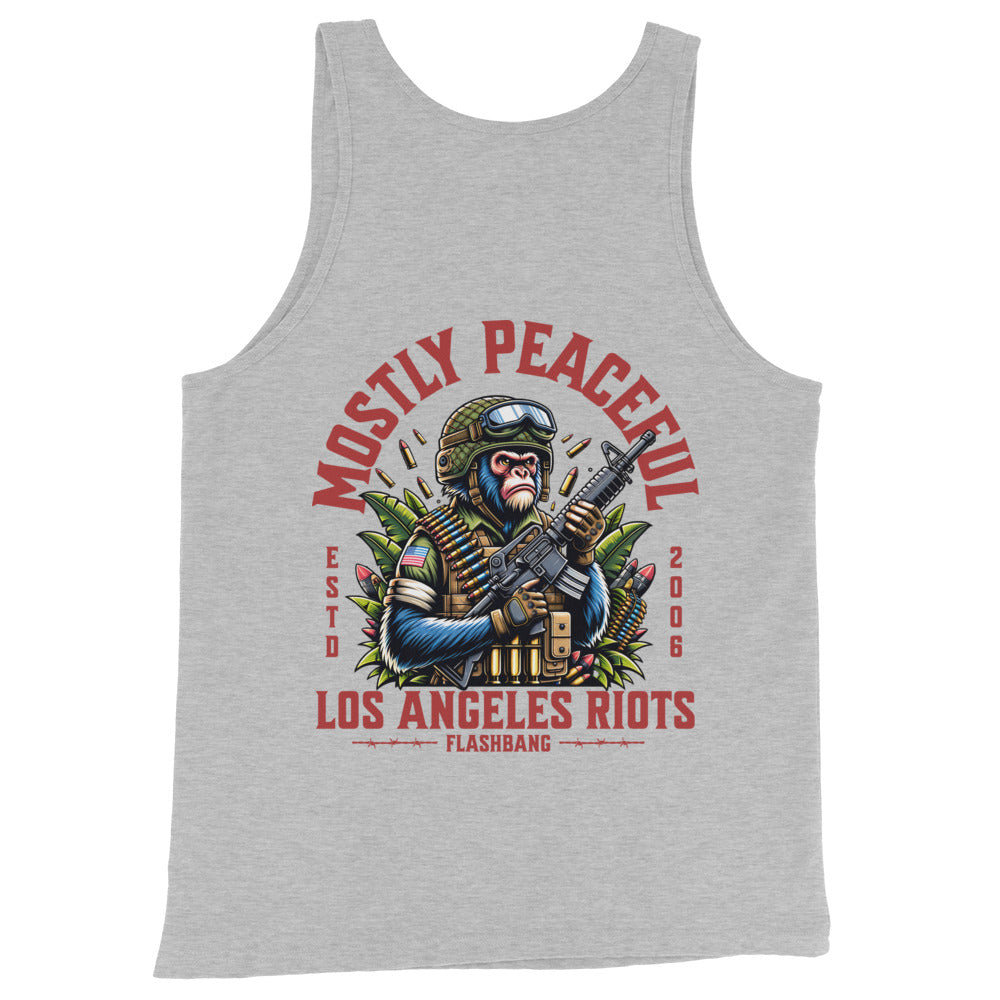 Gray tank top with graphic design of a monkey holding a gun and text on a white background