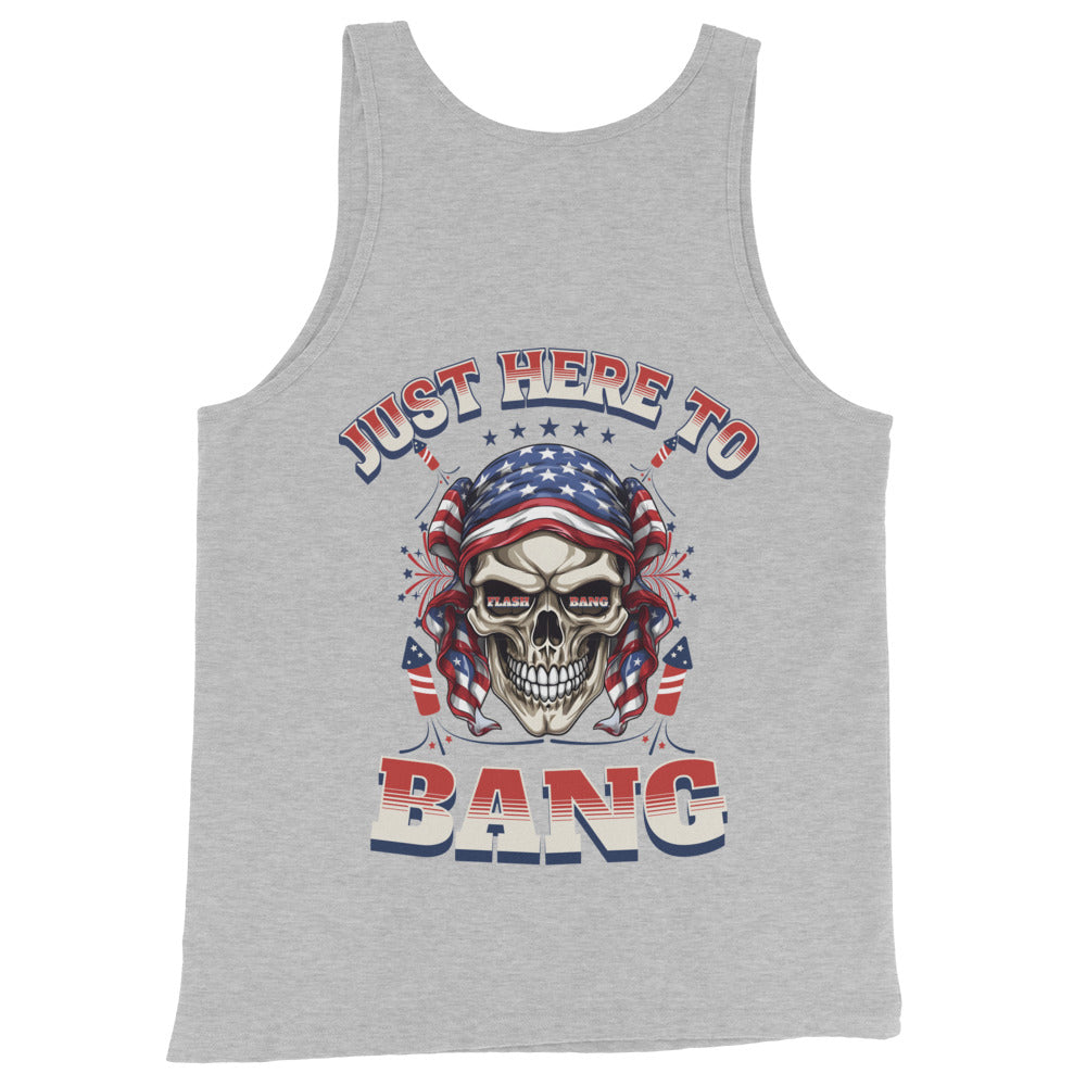 Gray tank top with a skull wearing an American flag bandana and text 'Just Here To Bang' on a white background