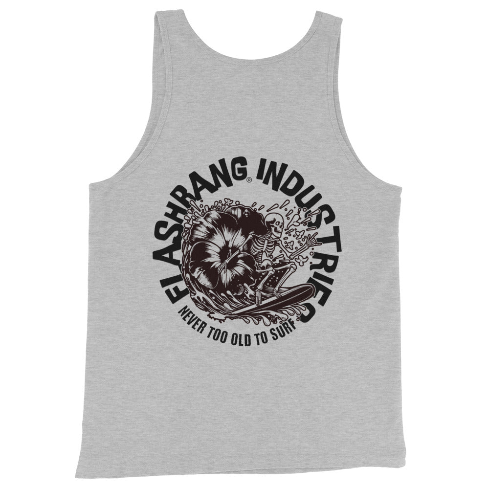 Gray tank top with black graphic design on a white background