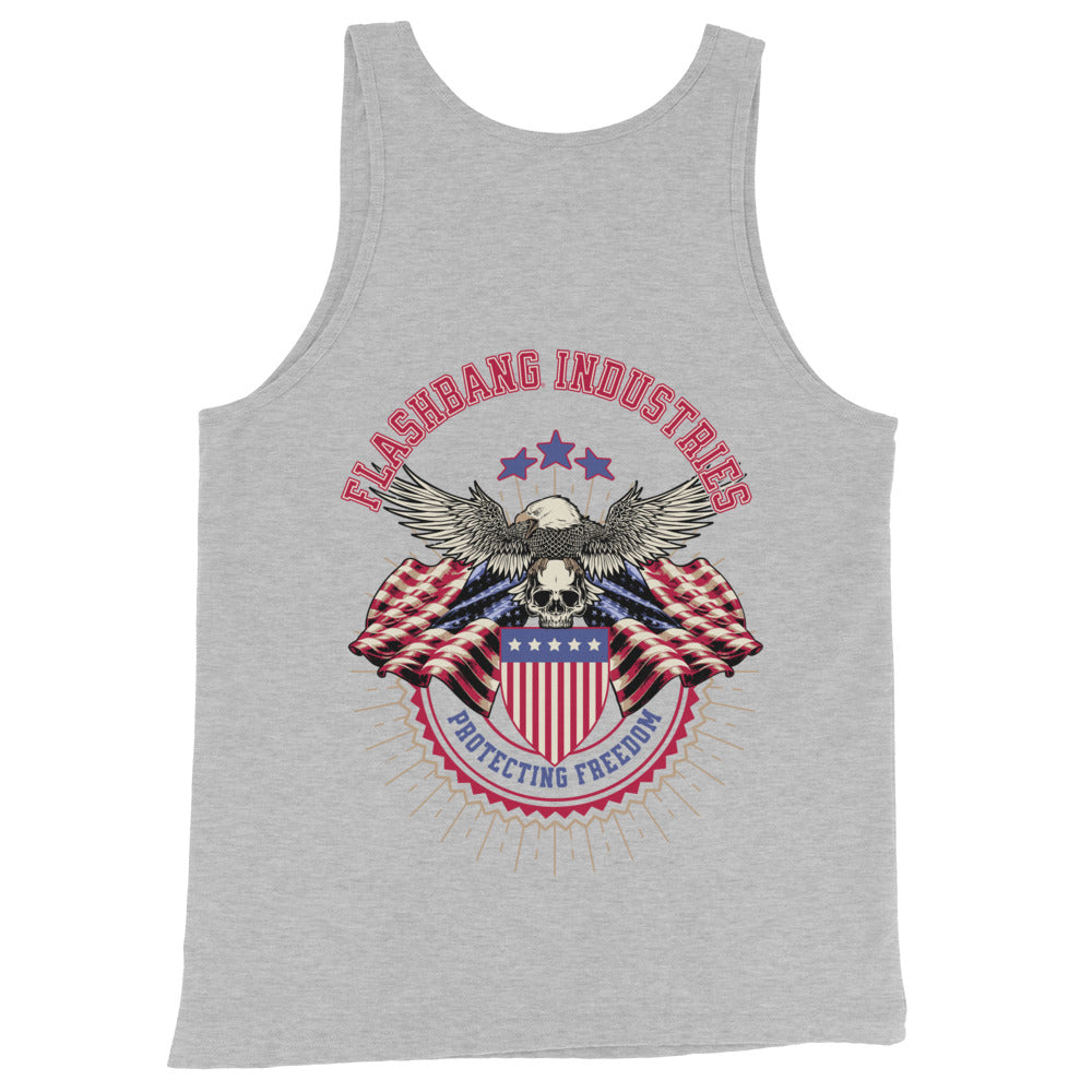 Gray tank top with patriotic design featuring an eagle and American flag on a white background