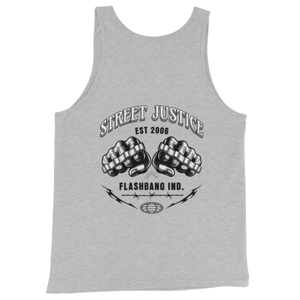 Gray tank top with black graphic design and text on a white background