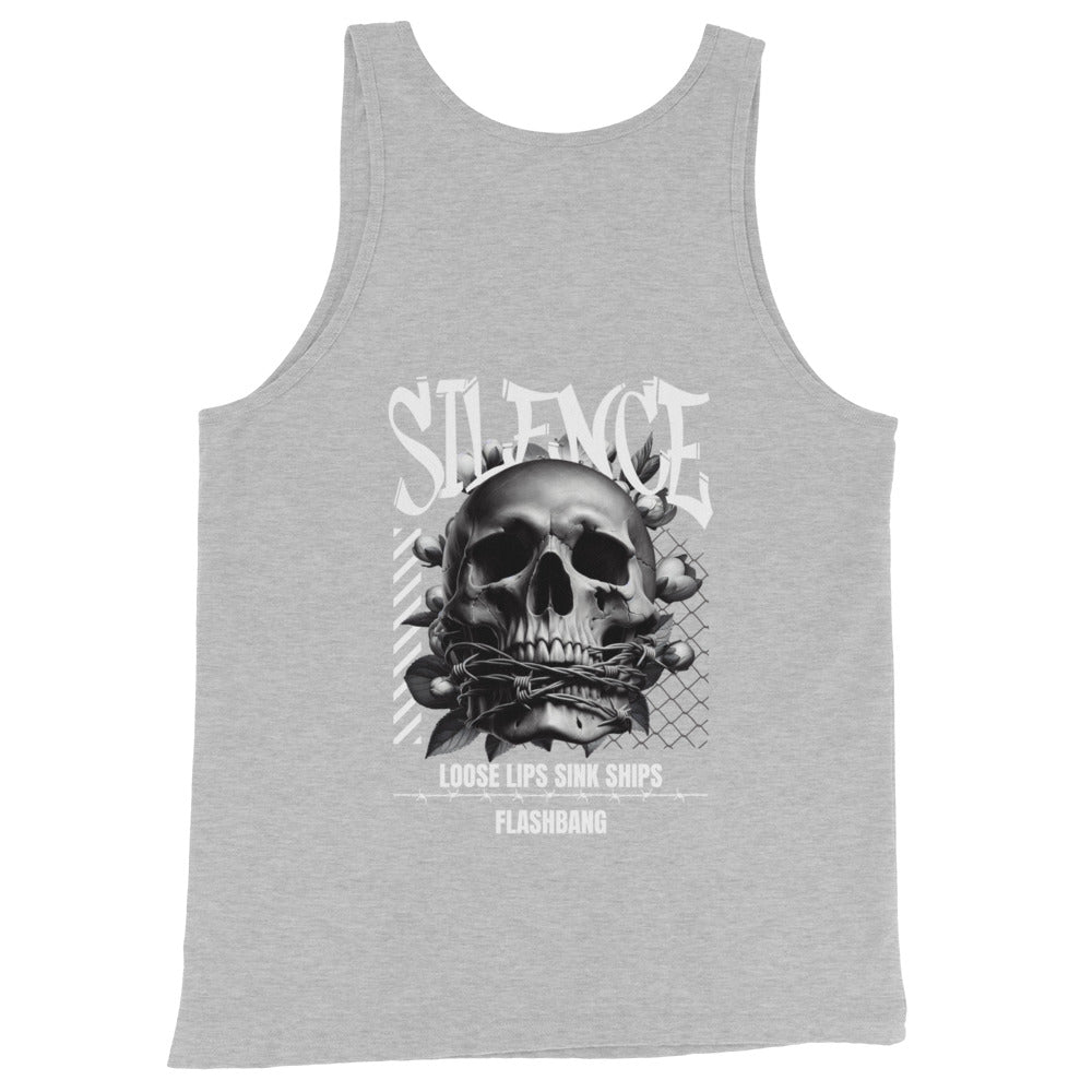 Gray tank top with a skull design and text on a white background