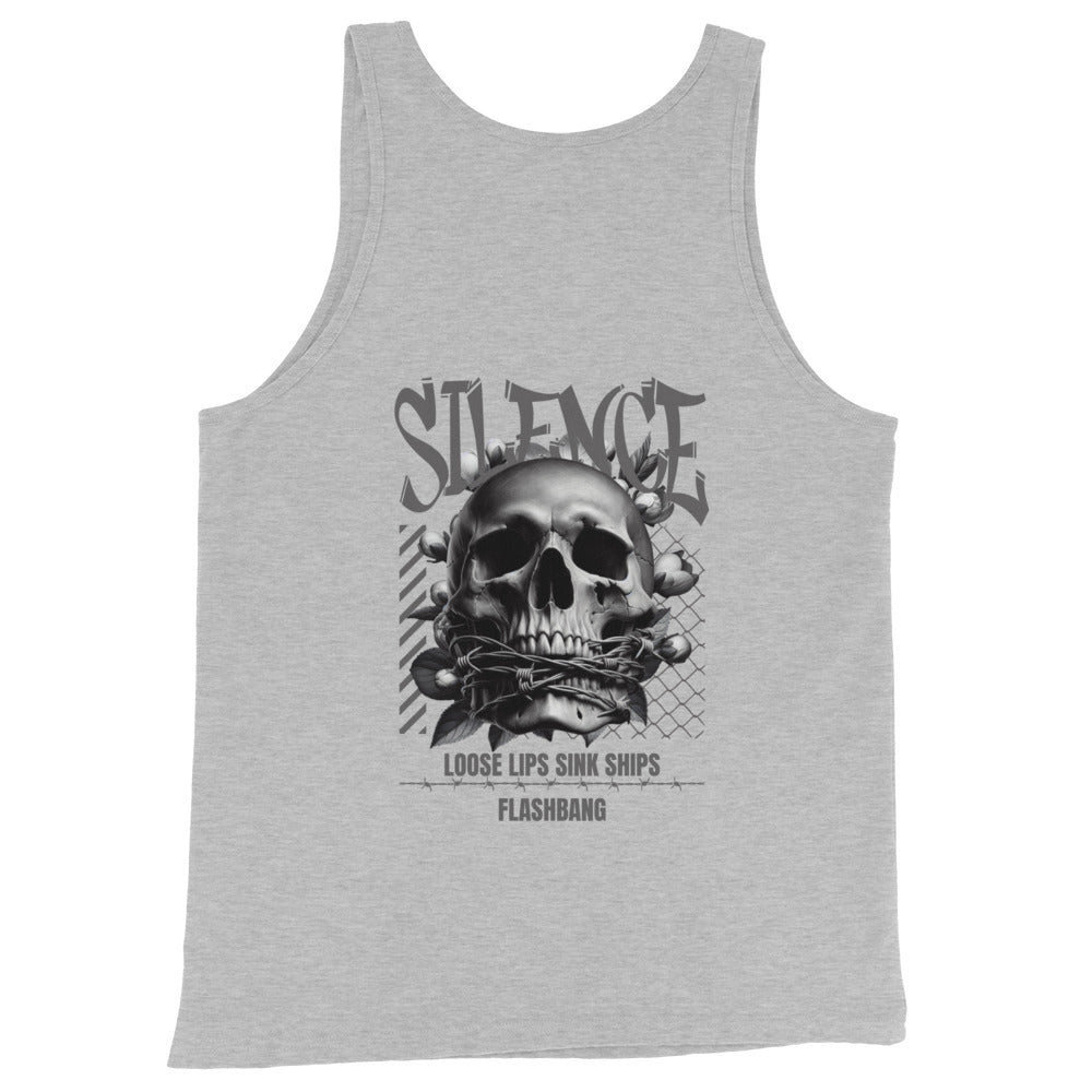 Gray tank top with a skull and text design on a white background