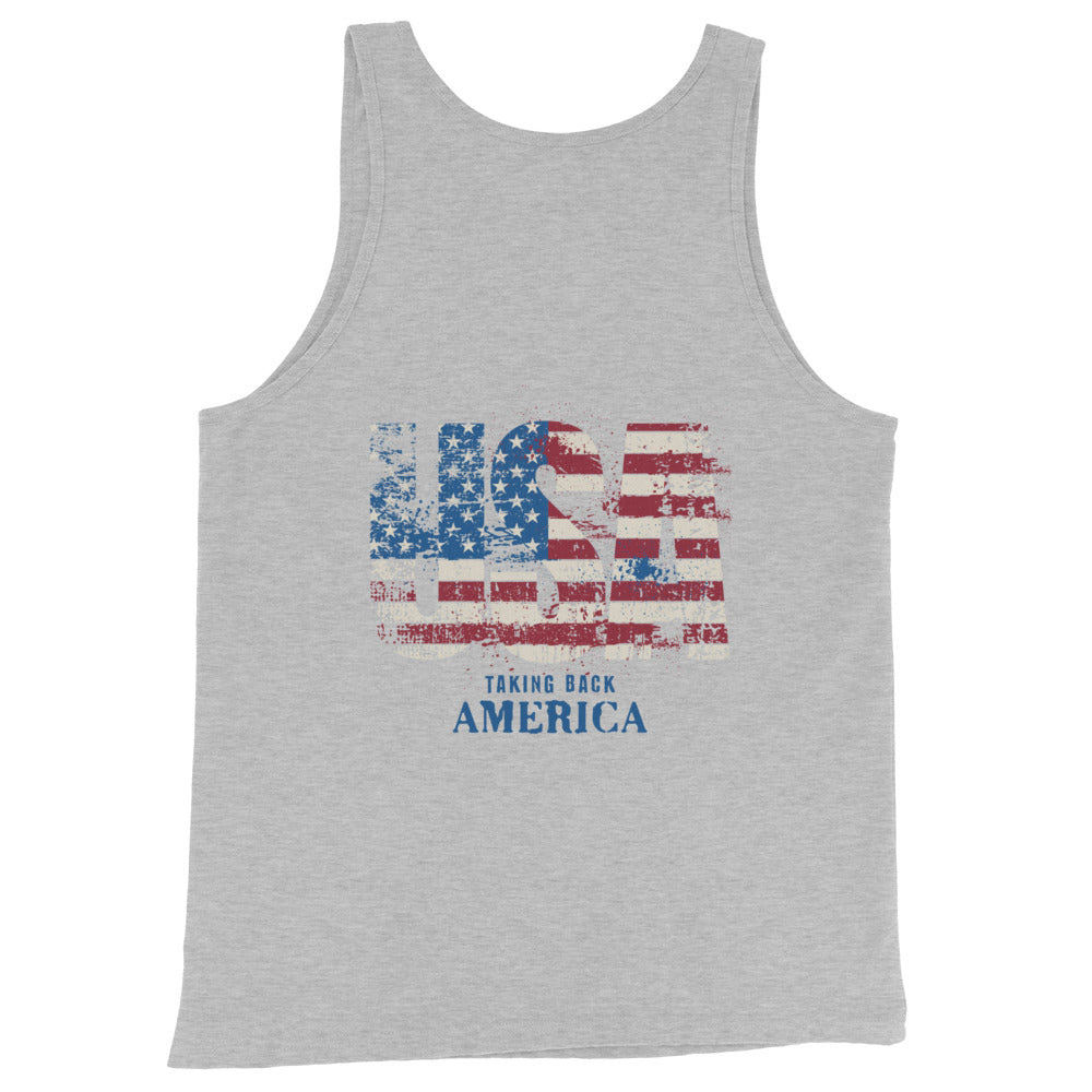 Gray tank top with American flag design and text on a white background