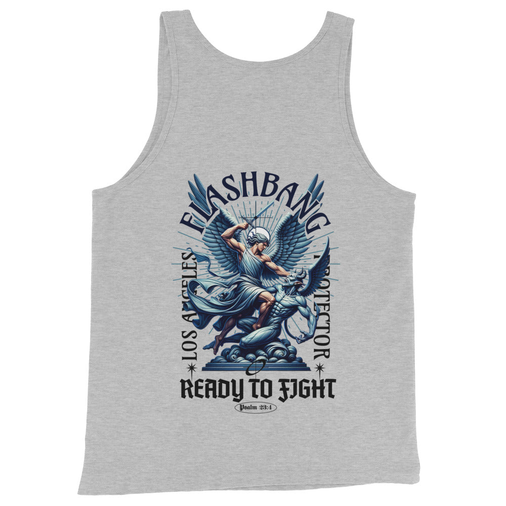 Gray tank top with graphic design and text on a white background