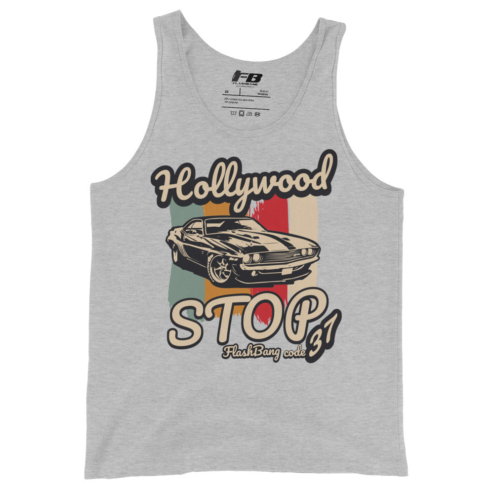 Gray tank top with vintage car graphic and 'Hollywood Stop' text on a white background