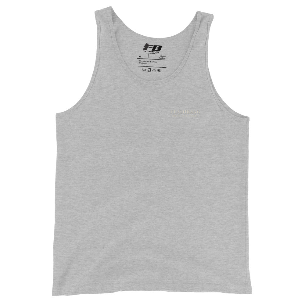Gray tank top with a brand logo on a white background