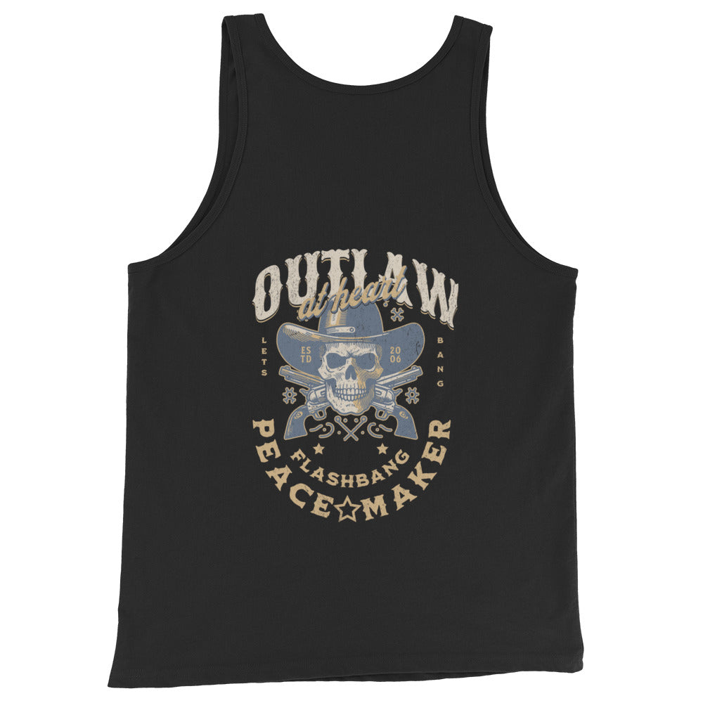 Black tank top with skull and text design on a white background