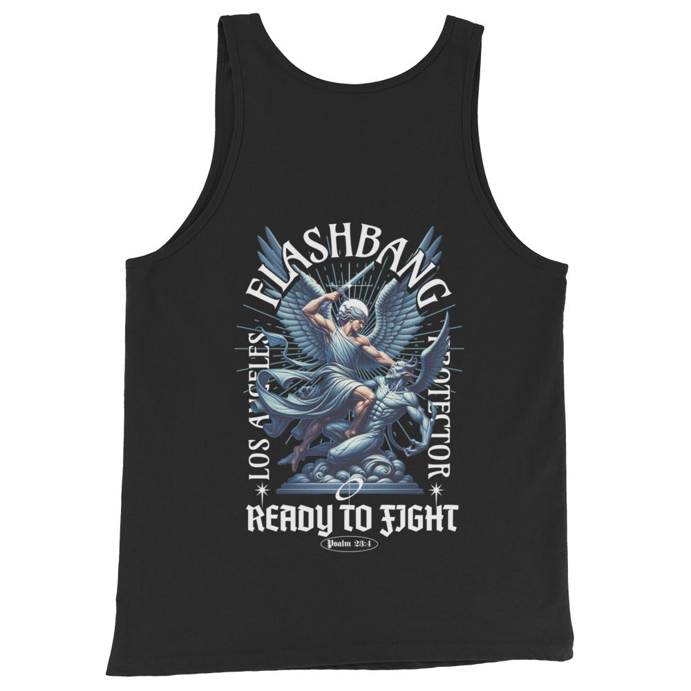 Black tank top with graphic design and text on a white background