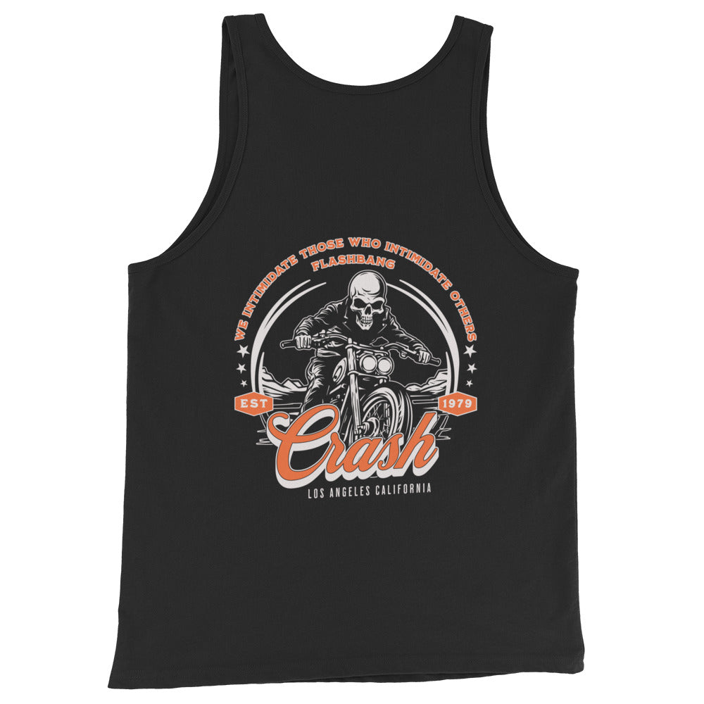 Black tank top with a graphic design of a skeleton on a motorcycle and text.