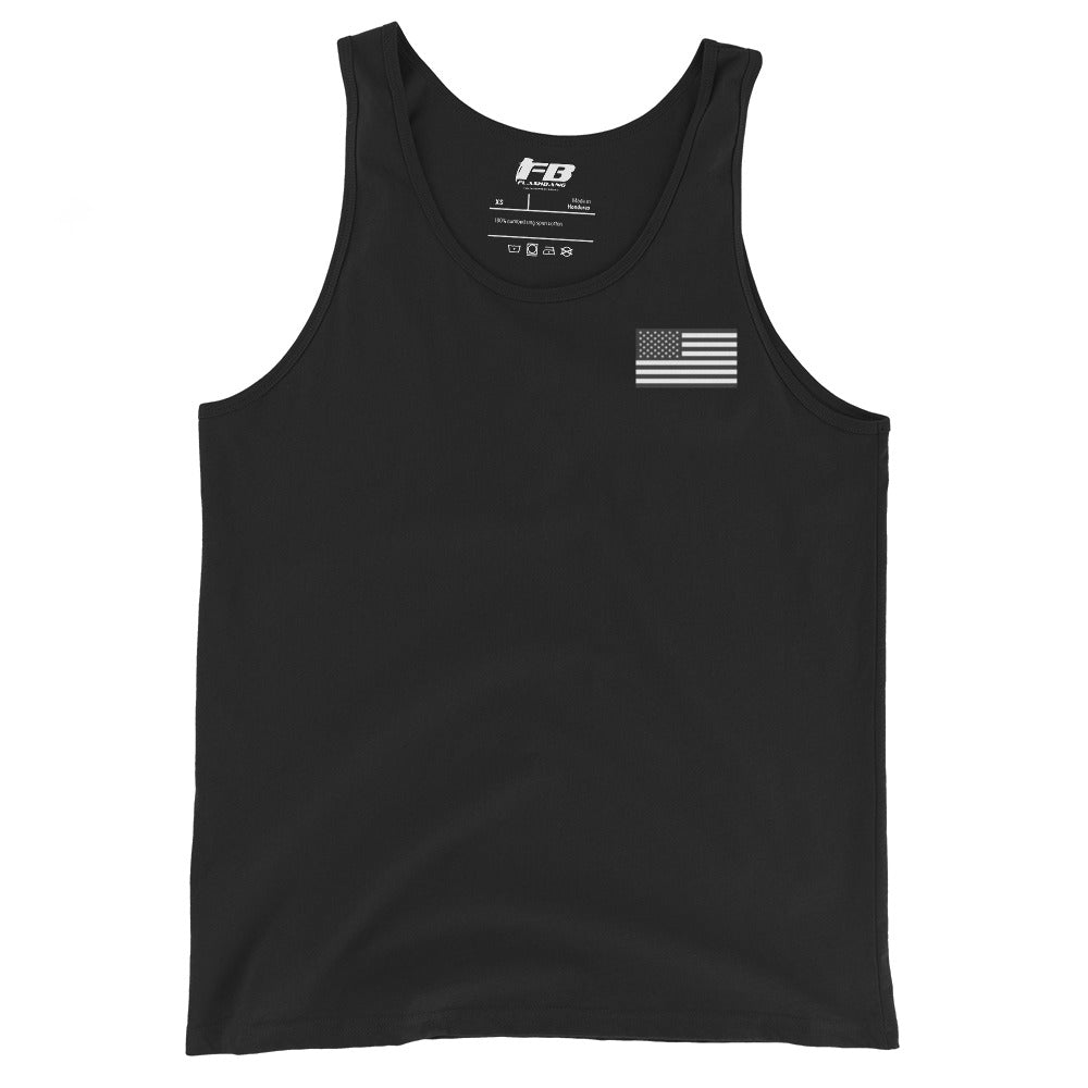 Black tank top with a small flag design on a white background