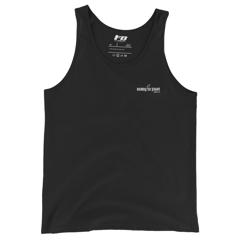 Black tank top with white text on a white background