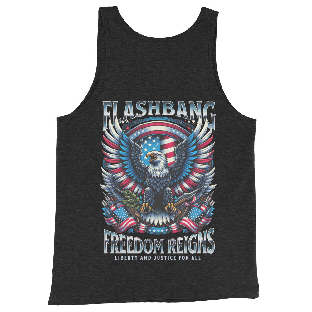 Black tank top with an eagle and American flag design on a white background