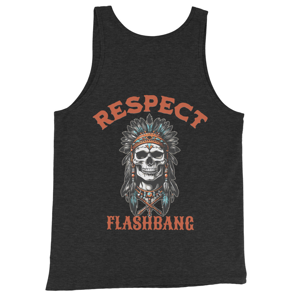 Black tank top with a skull and headdress design and 'Respect Flashbang' text on a white background