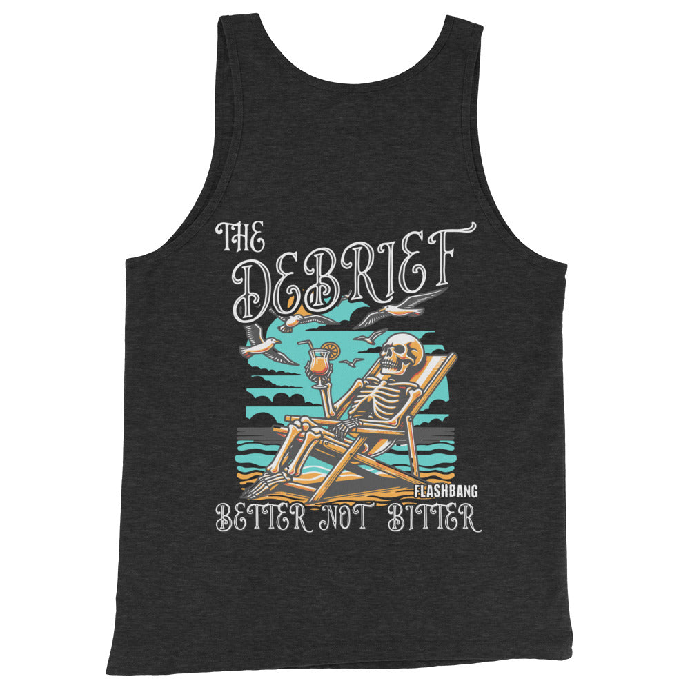Black tank top with a skeleton design and text on a white background
