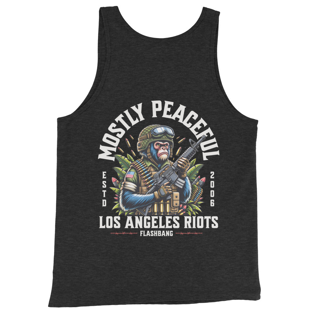 Black tank top with a graphic design of a monkey holding a gun and text on a white background