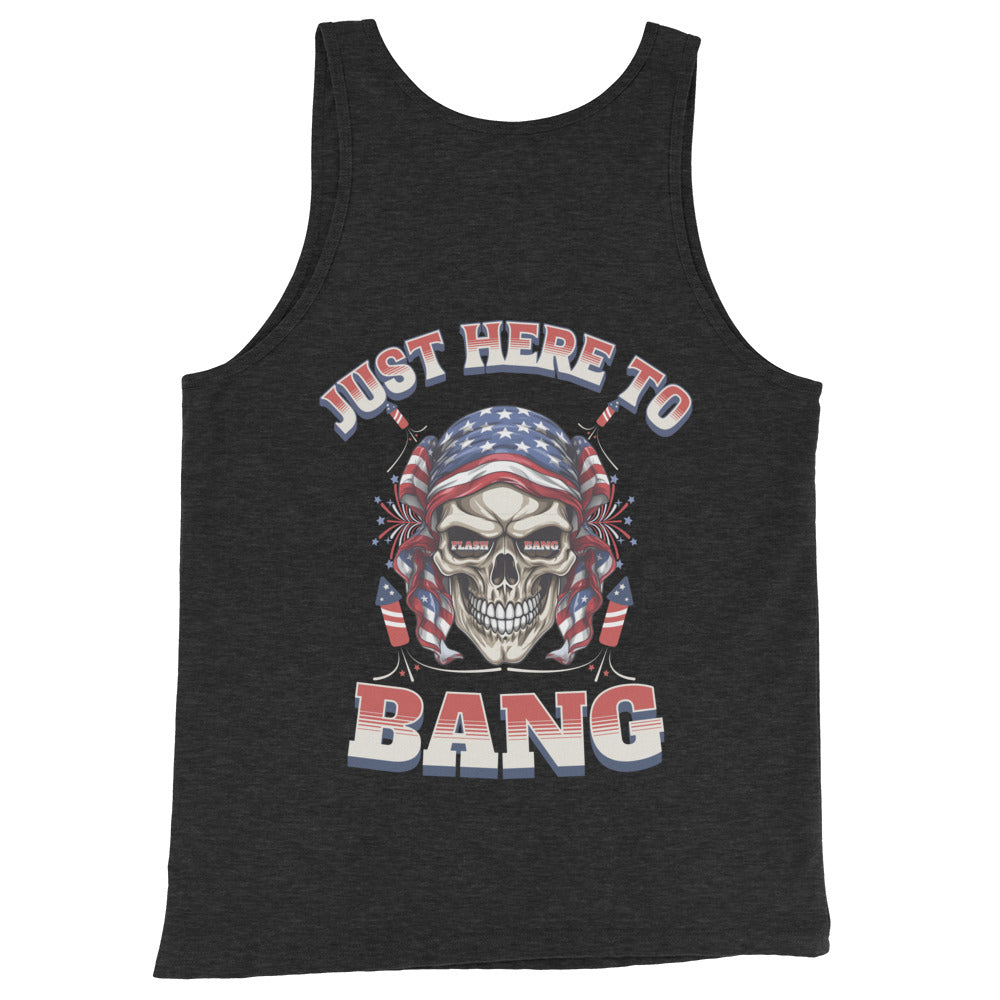 Black tank top with a skull and American flag design on a white background