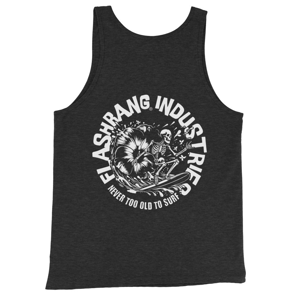 Black tank top with white graphic design and text on a white background
