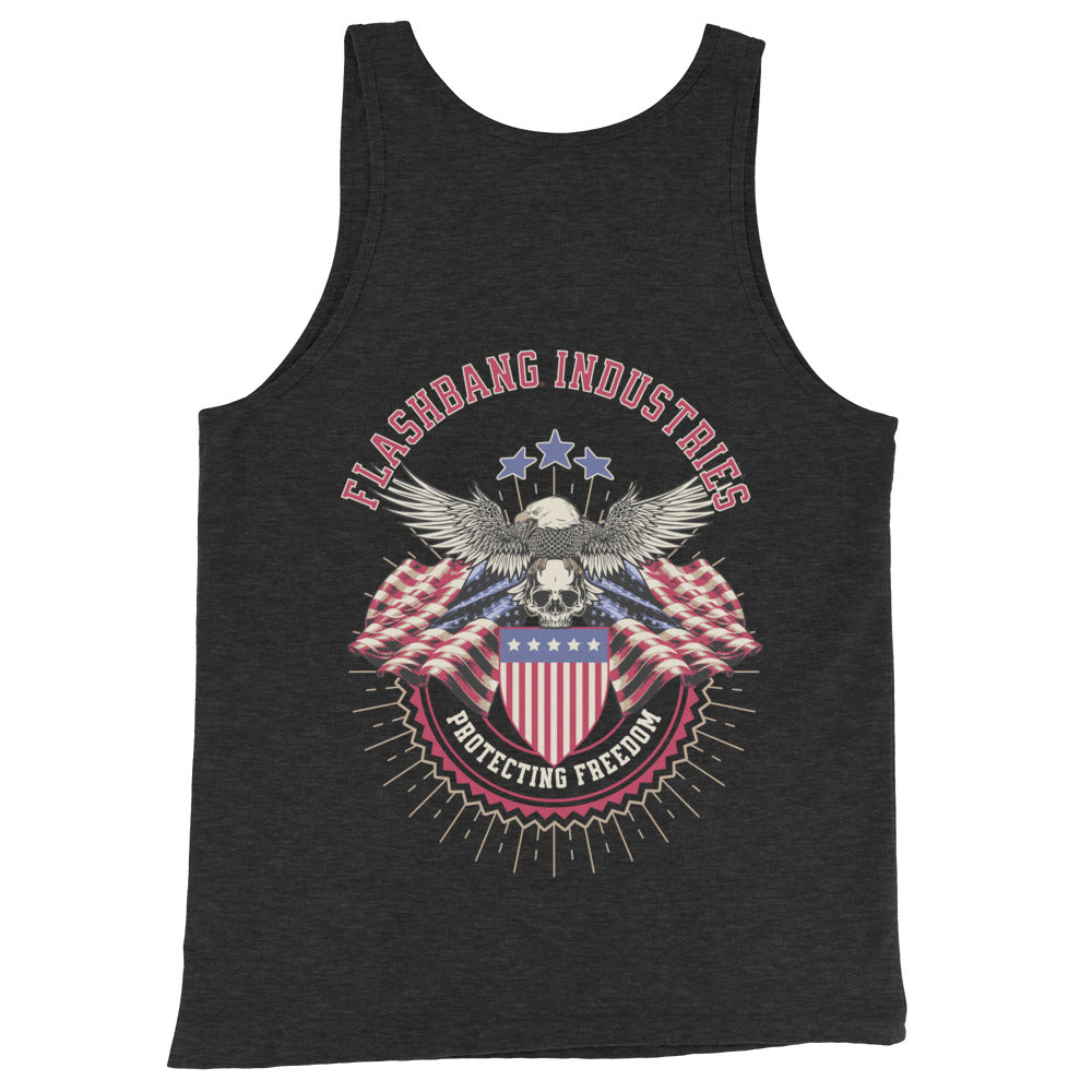 Black tank top with 'Flashbang Industries' graphic design featuring an eagle and American flag on a white background.