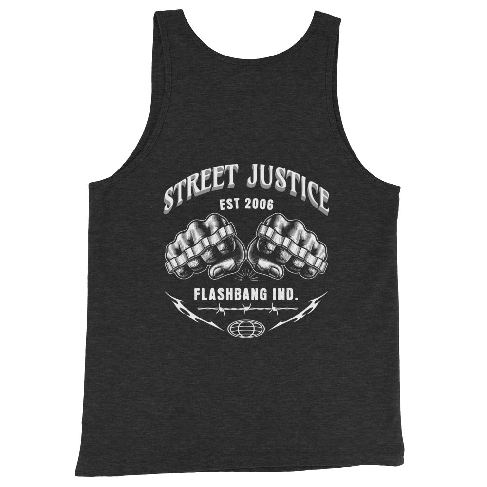 Black tank top with white graphic design on a white background