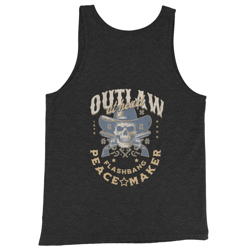 Black tank top with skull and crossbones design and text on a white background
