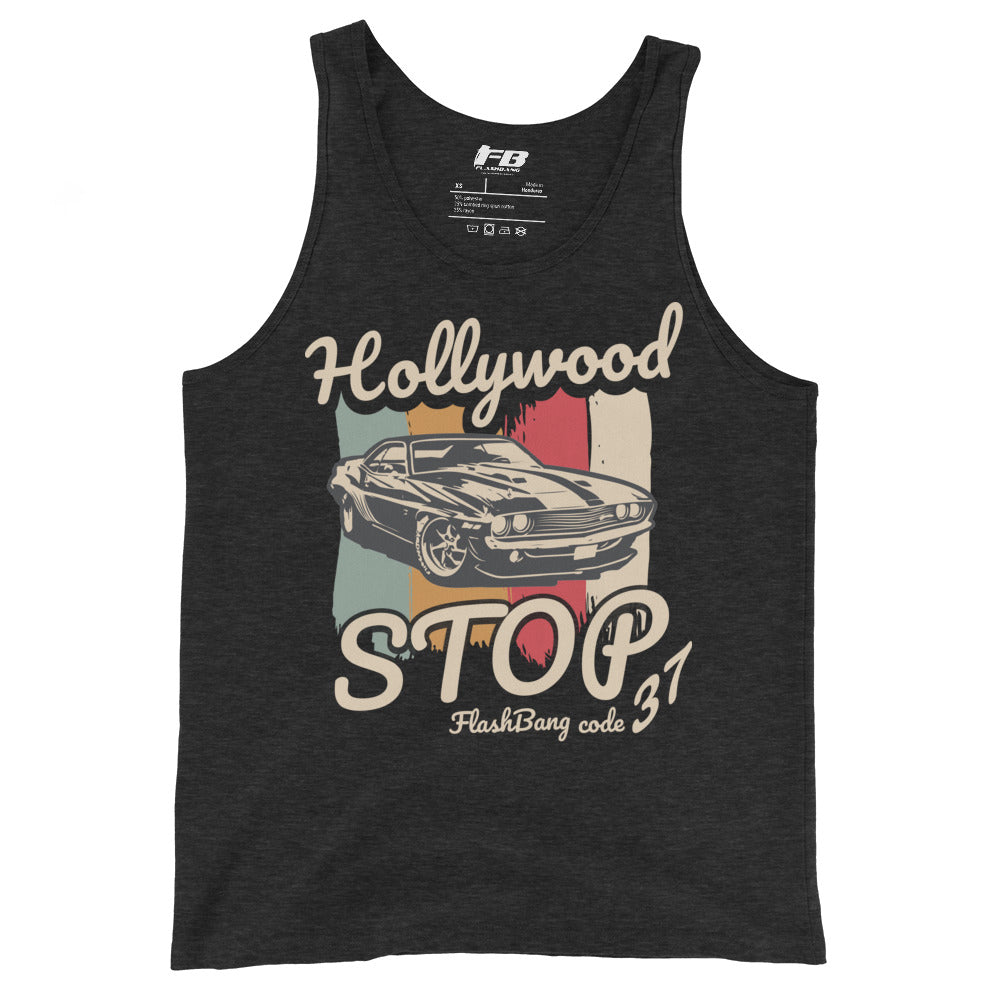 Black tank top with vintage car graphic and text on a white background