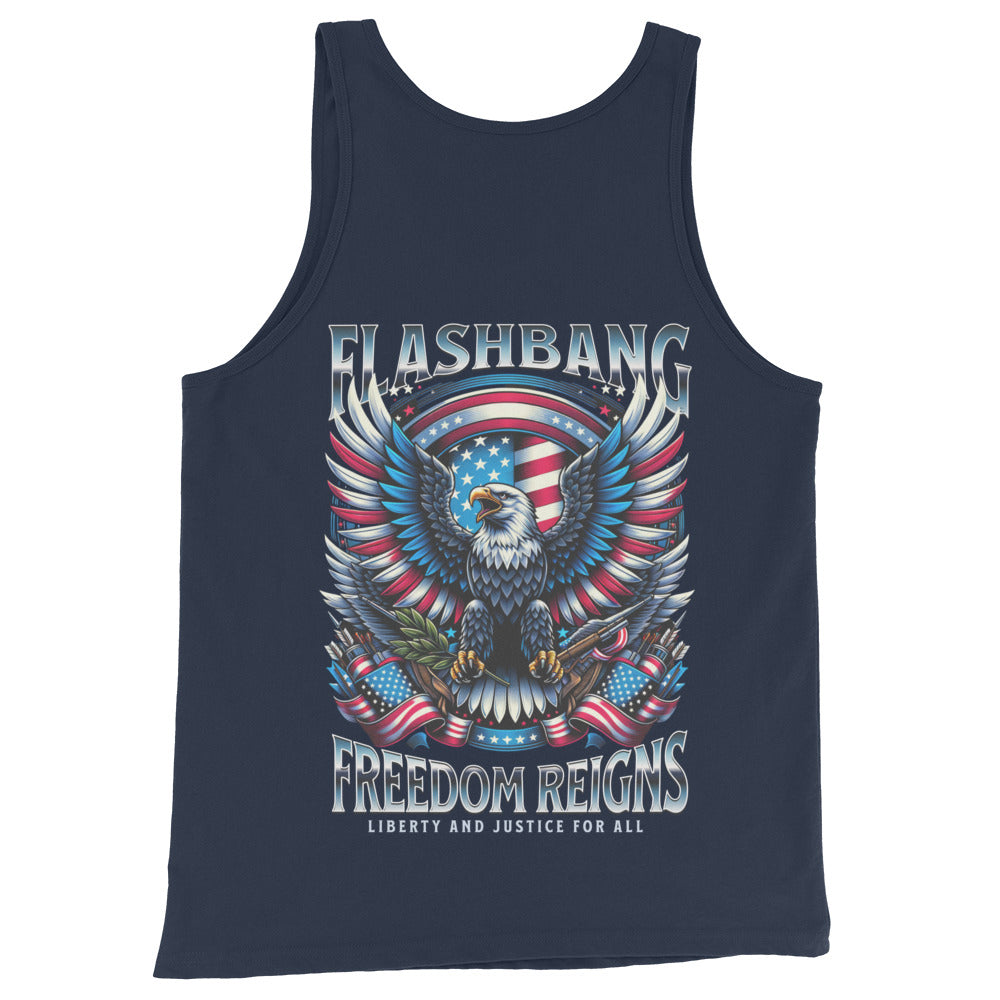 Navy tank top with eagle and American flag design on a white background