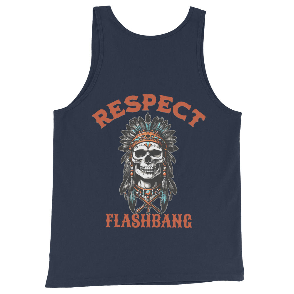 Navy tank top with skull design and 'Respect Flashbang' text on a white background