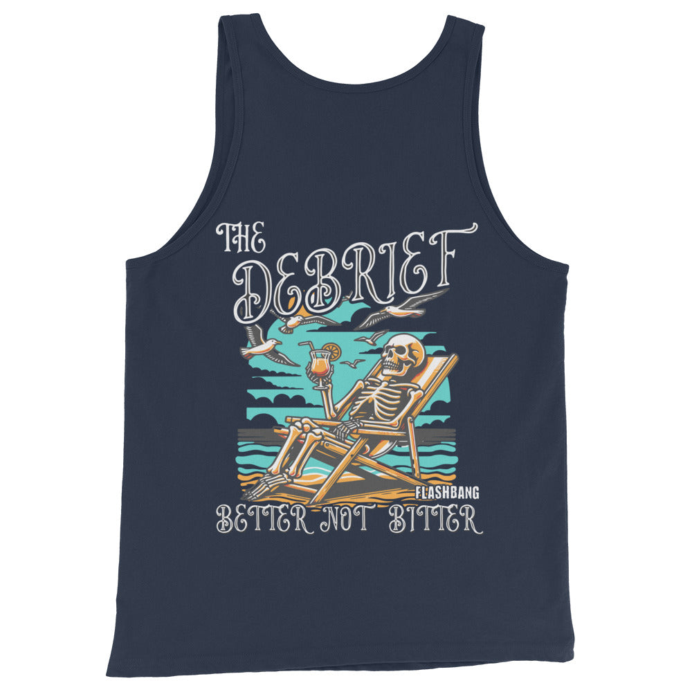 Navy tank top with skeleton design and 'The Debrief' text on a white background