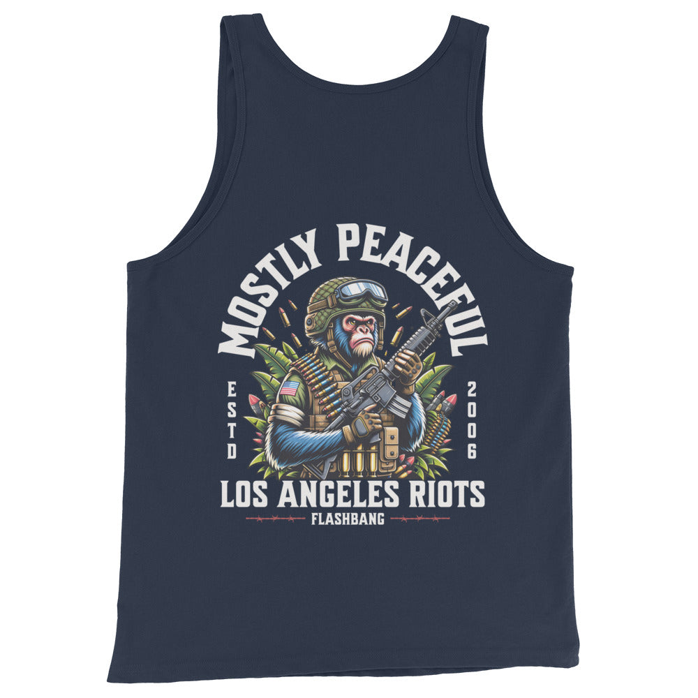 Navy tank top with graphic design of a monkey holding a gun and text on a white background