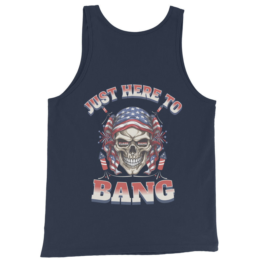Navy tank top with a skull and American flag design on a white background