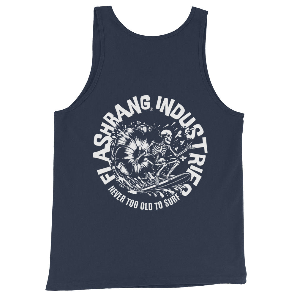 Navy tank top with white graphic design on a white background